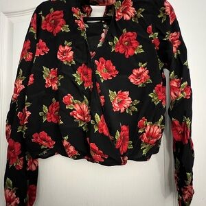 Floral Top - Black and Red with keyhole design at neck.